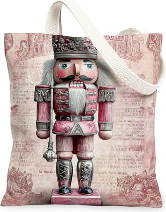 Generic Nutcracker Canvas Tote Bags, Vintage Christmas Design Reusable Grocery Bags, Artistic Lightweight Washable Shoulder Strap C, Peach, 13x15 Inch