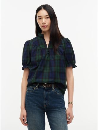 Tommy Hilfiger Womens Tartan Poplin Puff-Sleeve Blouse - Dark Green - XXL