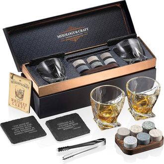 Zulay Kitchen Whiskey Glasses Stones Gift Set for Men with a Classy Gift Box and 6 Granite Round Whiskey Stones