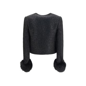 Self Portrait Metallic Boucl&eacute; with Faux Fur Cuffs Jacket - Black