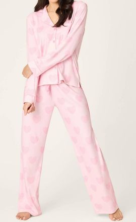 PJ Salvage Valentines Day Leopard Hearts Print 3-Piece Pajama Set In Pink