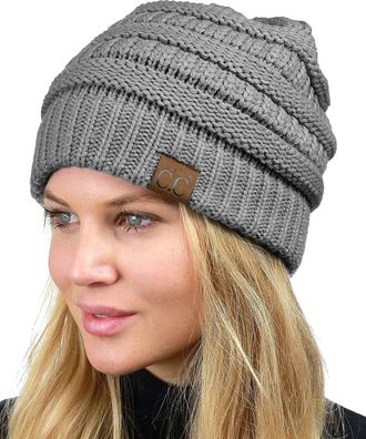C.C Unisex Chunky Soft Stretch Cable Knit Warm Fuzzy Lined Skully Beanie, Light Melange Gray, One Size Fits All