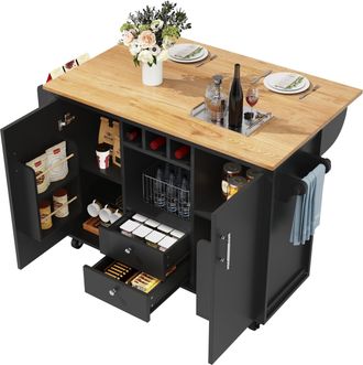 STILVORA Carro De Cocina Con 2 Cajones, 2 Puertas, Estantes, Toallero Y Tablero Plegable, En Mdf, 137,9x45x92 Cm, Negro