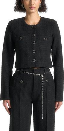 Mani&egrave;re De Voir Celine Cropped Tweed Jacket with Pearls in Black at Nordstrom, Size 8