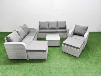 Fimous 9 Seater Poly Rattan Outdoor Garden Furniture Square Coffee Table Sofa Set Patio 3 Seater Sofa Reclining Chair 3 Seater Sofa 2 Big Footstools