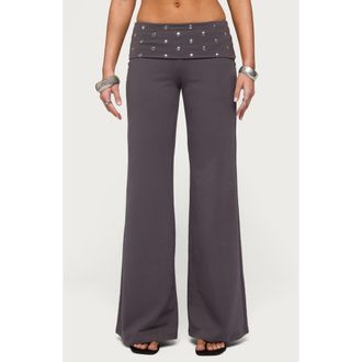 Edikted Breanna Studded Foldover Wide Leg Pants in Dark-Gray at Nordstrom, Size X-Small