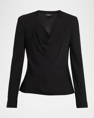 Theory Draped Long-Sleeve Silk Blouse