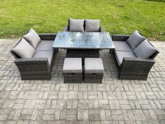 Fimous Wicker PE Rattan Garden Furniture Set Height Adjustable Rising Lifting Table Sofa Dining Set with Double Seat Sofa in Dark Grey
