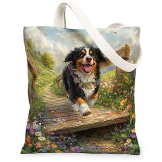 Generic Spring Bernese Mountain Dog Canvas Tote Bag for Shopping 13x15, Country Garden Puppy Reusable Grocery Print Pattern Bag for Women, Fun Flower Pet Beac