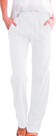 Generic Womens Cotton Linen Trousers Solid Color Drawstring Elastic Waist Ladies Cropped Trousers with Pockets Loose Comfort Straight Leg Joggers Summer Casua