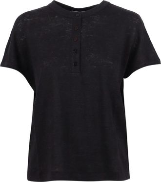 KANGRA Serafino in Jersey di Lino con Bottoni - Dames - T-shirts - Zwart - L - Linnen - Tops