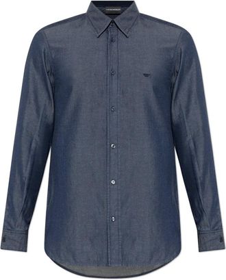 Emporio Armani Shirt met geborduurd logo - Heren - Zakelijke Overhemden - Blauw - L - Katoen - Overhemden