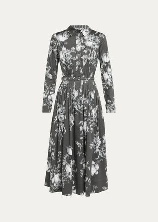 Oscar De La Renta Chine Peony Print Cotton Belted Midi Shirtdress