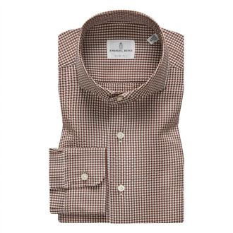 Emanuel Berg Mf Brown Check Cotton Crinkle Dress Shirt In Brown/white