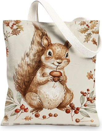 Generic Squirrel Canvas Tote Bags, Cute Animal Reusable Shopping Bags, Rustic Nature Lightweight Washable Shoulder Strap Canvas Bags for Gym Outdoor Travel Be