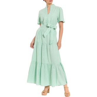 London Times Stripe Short Sleeve Cotton Seersucker Maxi Dress in Green/White at Nordstrom Rack, Size 14