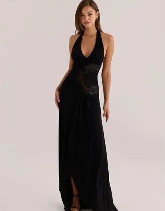 House of CB Natalina - Vestito lungo nero decorato a mano con perline e decorazioni - Edizione limitata