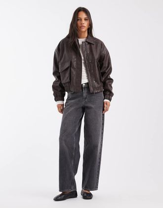 Pieces giacca bomber in similpelle con dettaglio tasca, marrone cioccolato