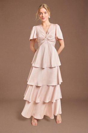 Oasis Womens Satin Twist Front Tiered Bridesmaid Maxi Dress - Pink - Size 16 UK