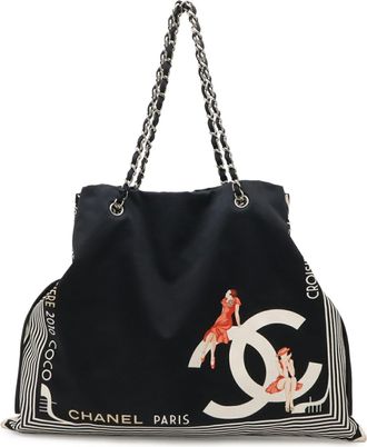 Chanel Black Red Color White Canvas Shoulder Bag Tote Bag (Pre-Owned)