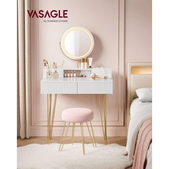 Vasagle Tocador con Taburete e Iluminación, Regleta de Enchufes, Espejo Giratorio, Tocador, 40 x 80 x 134,8 cm, Tocador con Cajones, Taburete