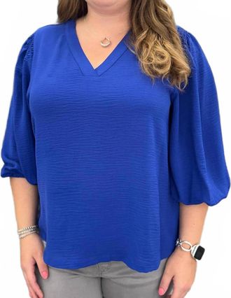 Multiples Puff Sleeve Crinkle Woven V-Neck Top In Royal Blue