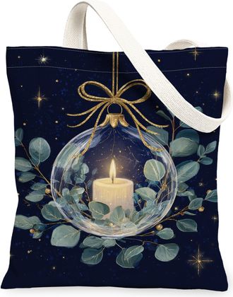 Generic Candle Eucalyptus Canvas Tote Bags, Elegant Floral Design Reusable Grocery Bags, Winter Lightweight Washable Shoulder Canvas for Travel Beach Picnic 1