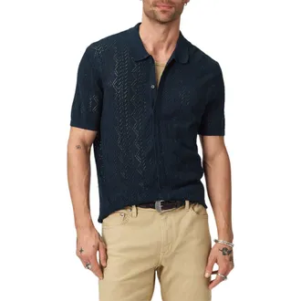 John Varvatos Emil Pointelle Short Sleeve Caridgan in Navy at Nordstrom, Size Xx-Large