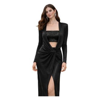 Simona Corsellini Gowns, female, Black, Size: XS Long V-neck Gown with Long Sleeves and Wide Slit