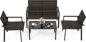 Costway Conjunto Jardin Exterior 4 Piezas De Rat&aacute;n, 1 Sof&aacute; De 2 Plazas, 2 Sillas Y 1 Mesa Con Tablero De Vidrio Templado, Mesa Y Sillas Jardin Terraza Balcon 