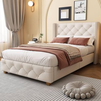 Merax 3ft Single Upholstered Bed with Button Wingback Headboard in Beige