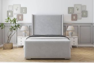 Sloomy Devonshire Plush Bed Frame With 50 Upholstered Wingback Headboard in Silver | Size: Small Double