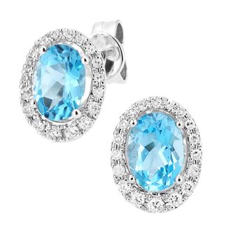 Diamant L'éternel Womens 9ct White Gold Diamond and Swiss Blue Topaz Gemstone Oval Cut Stud Earrings - One Size