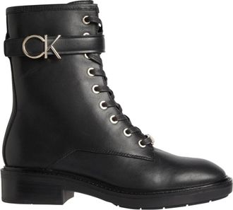 Calvin Klein Zwarte leren combat boots met rubberen zool - Dames - Veterlaarzen - Zwart - 36 EU - Leer - Schoenen