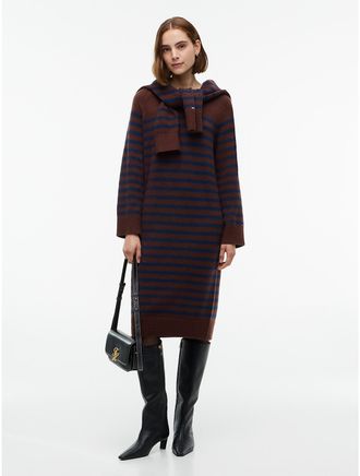 Tommy Hilfiger Womens Striped V-Neck Sweater Dress - Pure Brown - XL