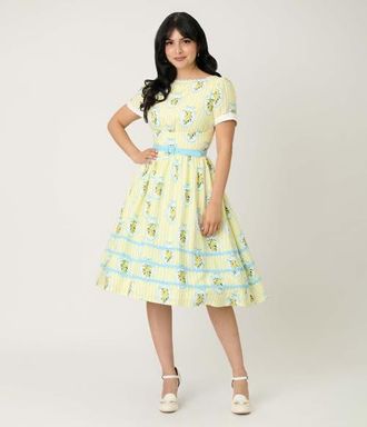 Unique Vintage Boatneck Ricrac Swing Dress in Yellow Stripe W/Lemon Print at Nordstrom, Size X-Large