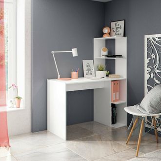 Dmora Escritorio Pittston, Escritorio Lineal Con Librer&iacute;a, Mesa De Oficina Multiusos Que Ahorra Espacio, 110x50h136 Cm, Blanco - Dmora