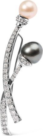 House of Brilliance 18K White Gold 3/5 Cttw Diamond and Cultured South Sea Black and White Pearl Brooch Pin