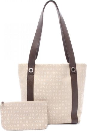 Bulgari Beige Brown Canvas Leather Handbag Pouch Tote Bag (Pre-Owned)