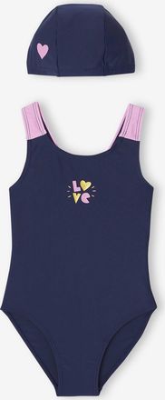 Vertbaudet Badeanzug LOVE mit Badekappe Mädchen indigo-blau