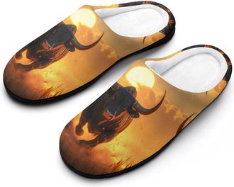 Generic Angry Running Bull Sunset Cotton Slipper for Women Indoor Outdoor House Shoes Anti-Skid Slippers with Rubber Sole