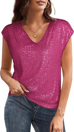 Grace Karin Womens Sequin Top Winter Xmas Short Sleeve V-Neck Sequin Glitter Shirt Casual Classic Blouses for Women UK XL Size 18 Rosy Red
