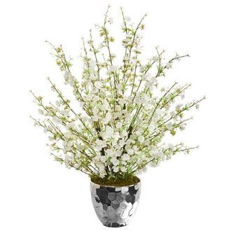 Nearly Natural 29-in Cherry Blossom Artificial Arrangement in Silver Bowl in White at Nordstrom
