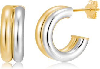 MAX + STONE 925 Sterling Silver 18K Gold Plated Two Tone Puffy Double Row Earrings