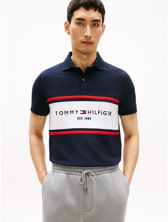 Tommy Hilfiger Mens Regular Fit Tommy Logo Block Stripe Polo - Navy - XXL