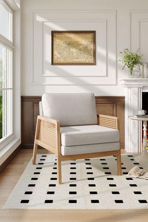 Living and Home Upholstered Wooden Side Rattan Armchair With Cushion Beige