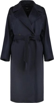 Max Mara Midi Double-Breasted Jas - Dames - Jas met riem - Blauw - S - Wol - Jassen