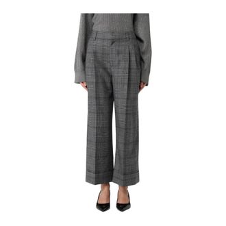 Brunello Cucinelli Wide Trousers, female, Blue, 4XS, Wide Leg Plaid Trousers