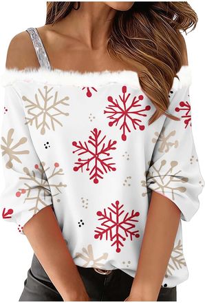 Generic Christmas Long Sleeve Tops Womens Cold Shoulder T-Shirts Cute Funny Graphic Xmas Jumpers Trendy Loose Casual Shirts Blouses Christmas Holiday Pullover