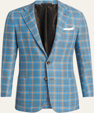 Kiton Mens Cashmere and Linen Graph Check Sport Coat